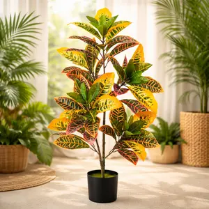 One 3 Foot Indoor Outdoor Artificial Croton Palm Tree Bush UV Rated Potted Plant One 3 Foot Indoor Outdoor Artificial Croton Palm Tree Bush UV Rated Potted Plant