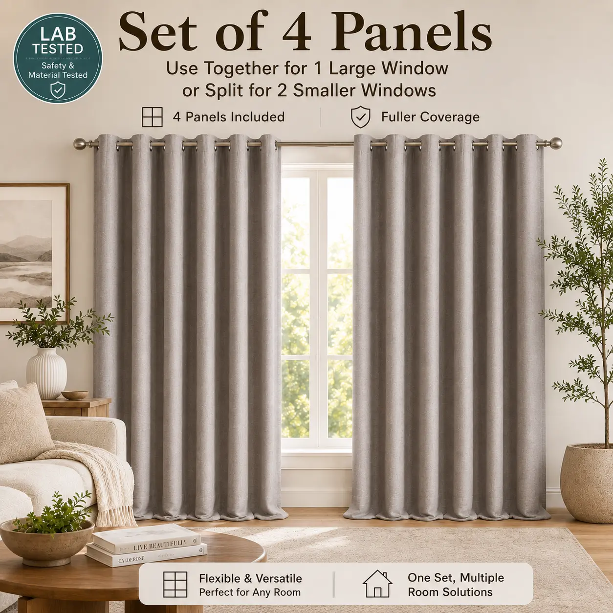 Nycto 4-Panel Soft 100% Blackout Liner Drapes, Linen-Look with White Backing & Silver Grommets, House Decor for Bedroom & Living Room Decorations, Fits 1 Large or 2 Smaller Windows
