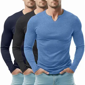 Riyiper 3 Pack Men's Long Sleeve T Shirts, V Neck Longline Henley Cotton Shirts Casual Muscle Tee Stretch Athletic Tops
