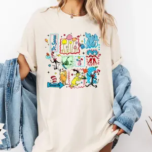 Dr. Seuss Characters Collage Vintage White Gildan T-Shirt - Retro Cat in the Hat Grinch Horton Graphic Tee
