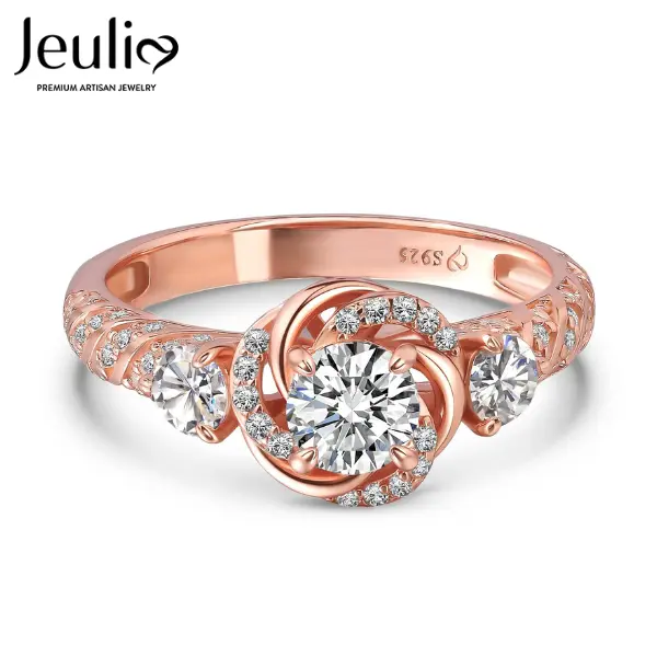 Jeulia Women's 925 Sterling Silver Moissanite Engagement Ring, 2.5ct Round Cut Center, Round Stones Swirling Frame, Rose Gold Halo Flower Promise Band with Gift Box, Bridal Statement Ring