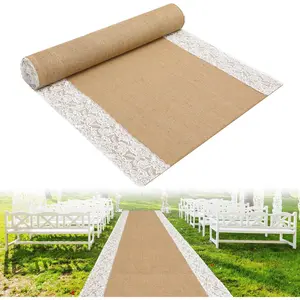 Natural Burlap Wedding Aisle Runner, Rustic Jute Weddings Runway Carpet with Lace, Ceremony Burlap Carpet Roll for Beach Garden Church Reception Craft Decor