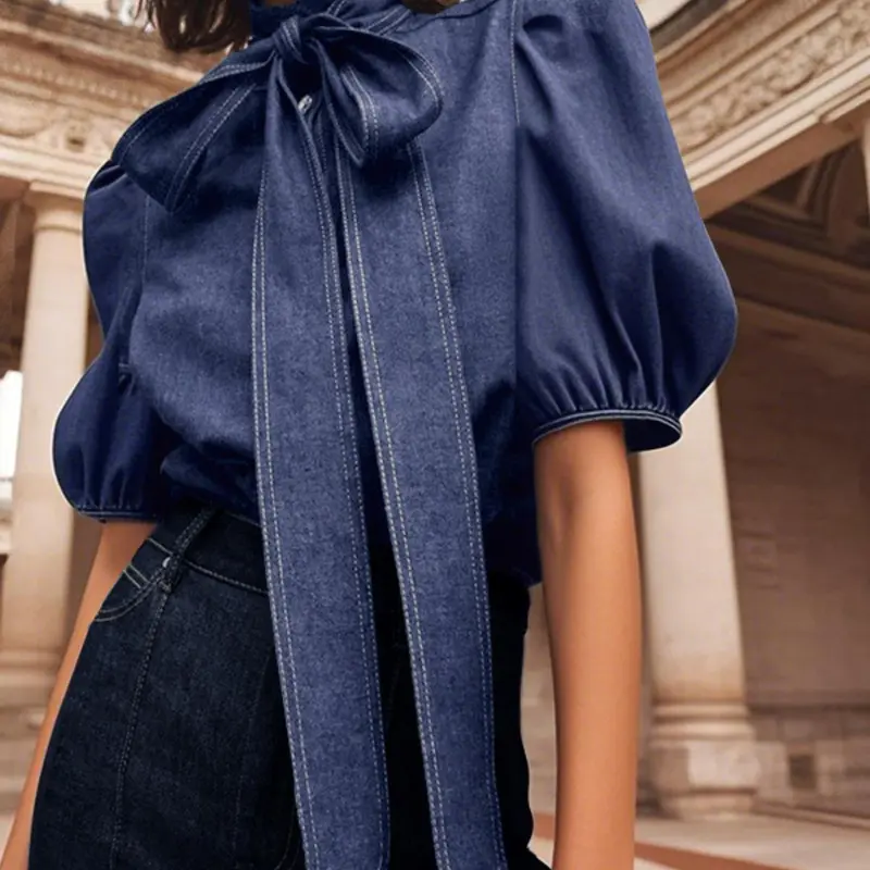 Women's Plain Bow Decor Puff Sleeve Shirt, Casual Half Sleeve Top for Summer, Ladies Clothes for Daily Wear, Shirts, Blouse