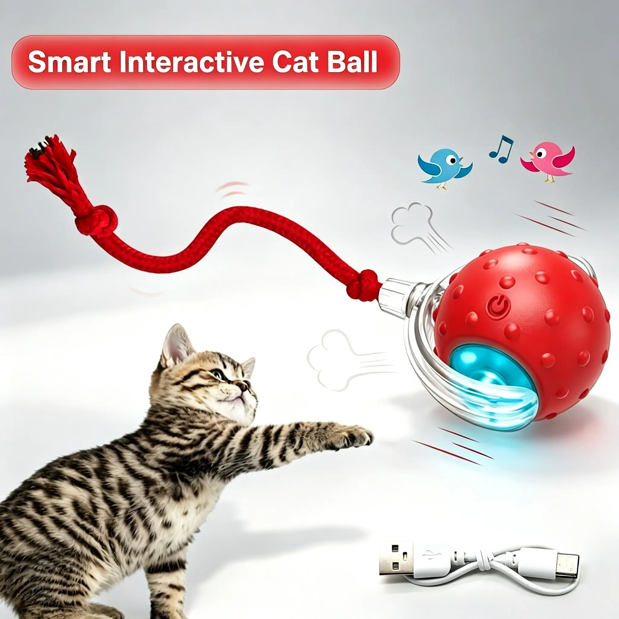 Cat & Dog Interactive Ball Toy - 5cm ABS+Fabric USB Rechargeable Multi-mode Rolling Electric Toy, Includes Ball+Cable & Manual, Durable Boredom-Anxiety Relief Pet Accessory, Sound Effects, Includes Manual