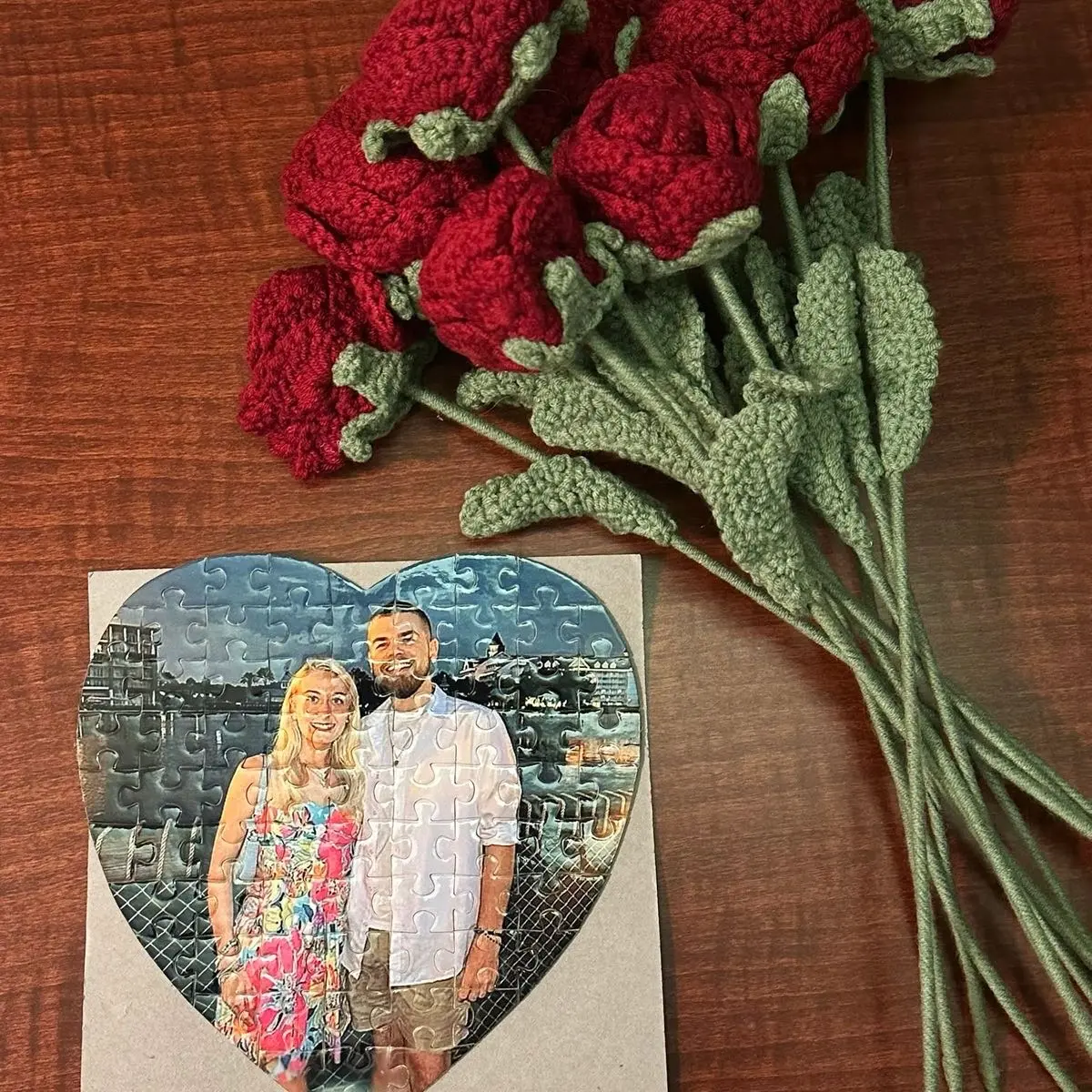 Custom Heart Shaped Puzzle with Artificial Rose Bouquet - Unique Gift Idea