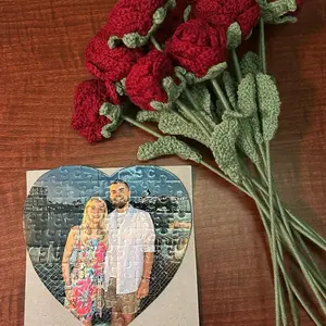 Custom Heart Shaped Puzzle with Artificial Rose Bouquet - Unique Gift Idea