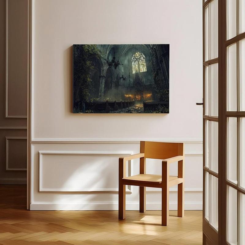 Abandoned Gothic Cathedral Wall Art – Dark Haunted Church Print – Black And White Vintage Horror Decor Canvas Wall Art Print Poster For Home School Office Decor