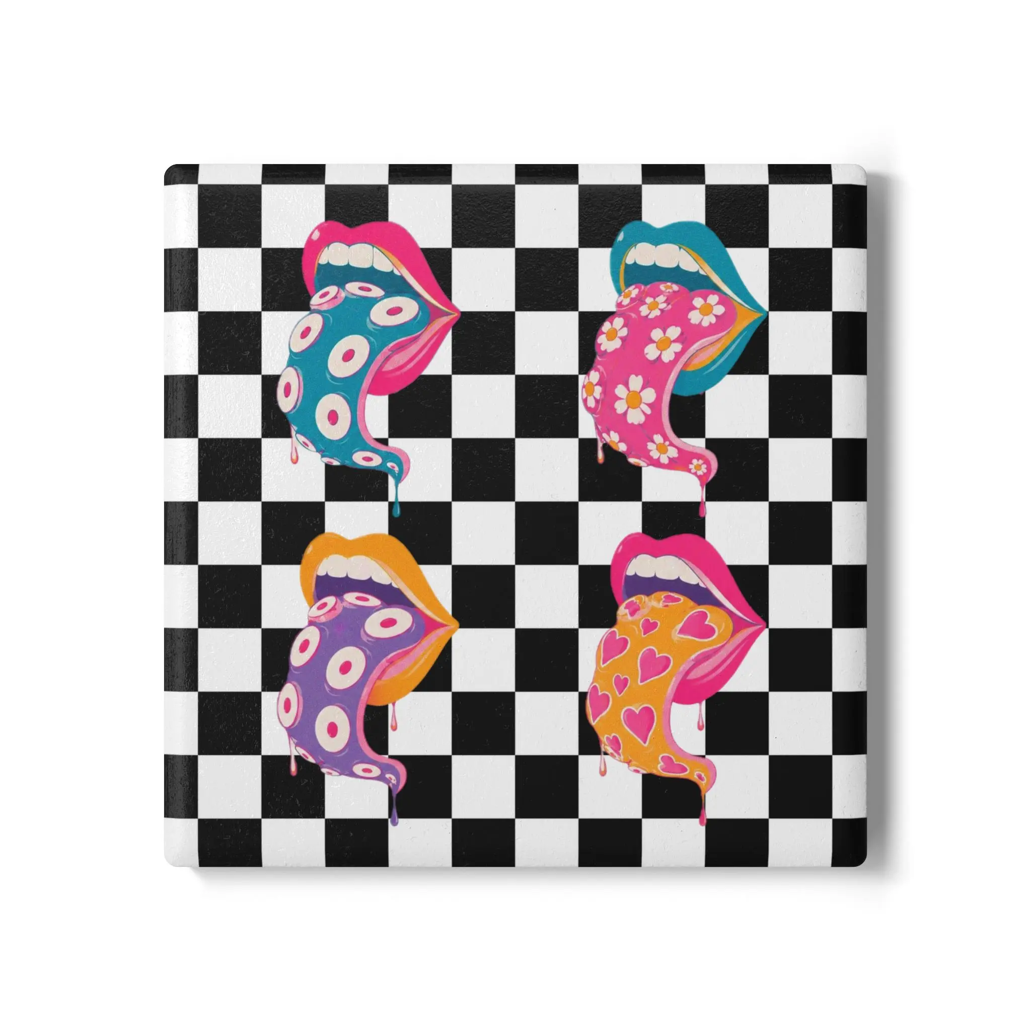 Pop Art Lips Checkerboard Ceramic Coaster | Retro Colorful Dripping Mouths