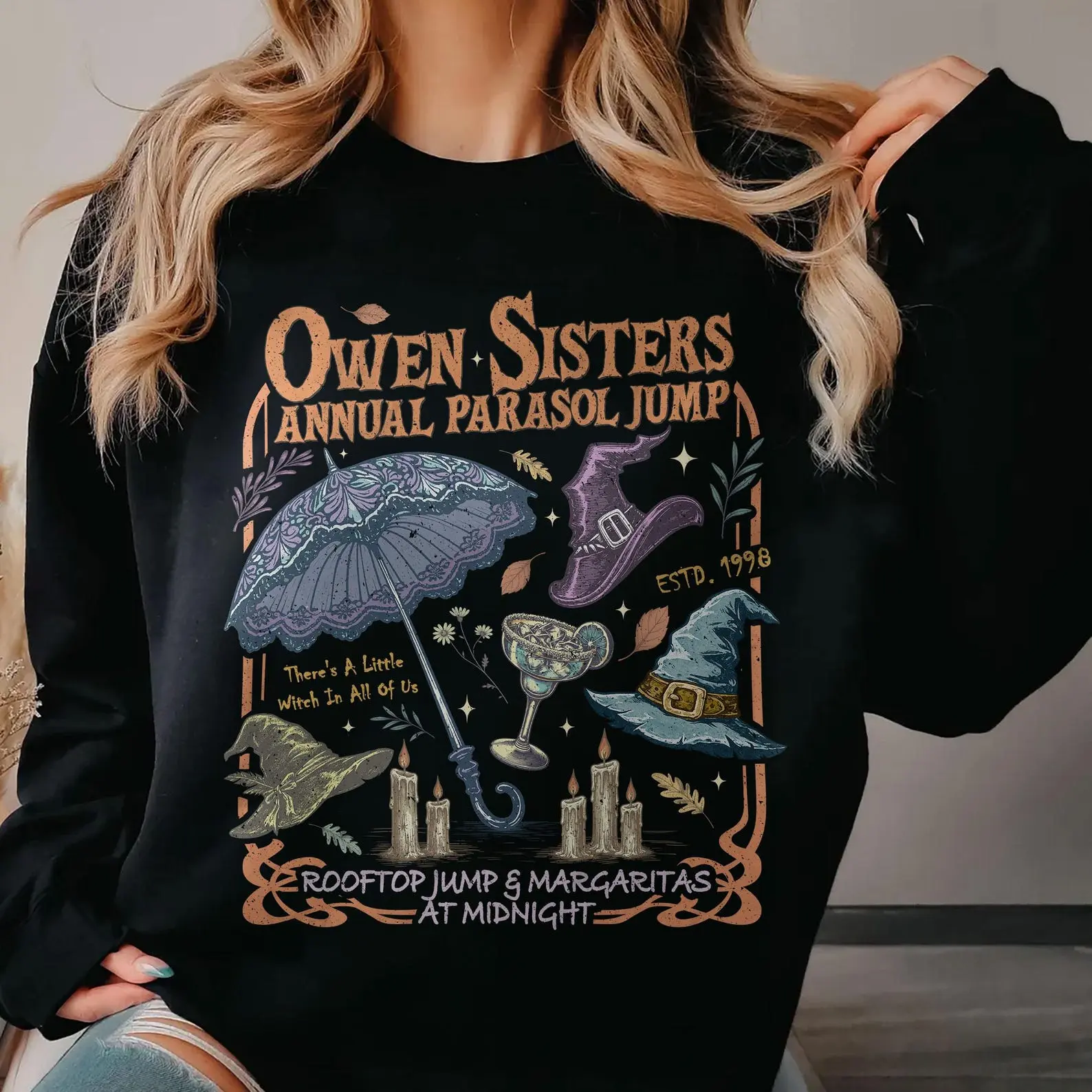 Midnight Margaritas Witch Sweatshirt, Practical Magic Sweater, Halloween Apparel, Owens Sisters Annual Parasol Jump Sweatshirt