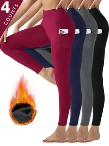 4PCS Autumn Winter Yoga Fitness Pants Women's Leggings With Pockets Fleece-lined Slim Trousers High Waist Warm Elasticity Bottoms Belted
