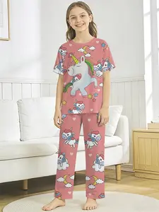 Rainbow Unicorn 2-piece set: girls' digital printed short-sleeve pajamas with long sleep pants, made of flame-retardant fabric. A stylish, trendy, casual, comfortable and soft pajama set, suitable for sleeping and home leisure. 100% polyester, suitable fo