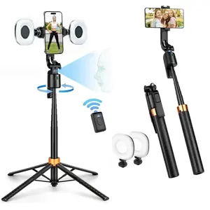 360-Degree Rotatable Selfie Stick Tripod, Rechargeable Smart Face Tracking Tripod with 2 Flashlights, Automatic Face Detection