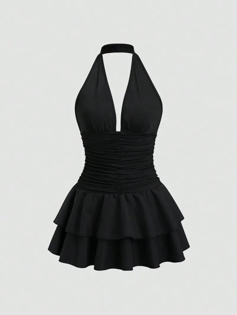 SLEEVELESS PLUNGE NECK A LINE MINI DRESS IN BLACK WOVEN - TikTok Shop