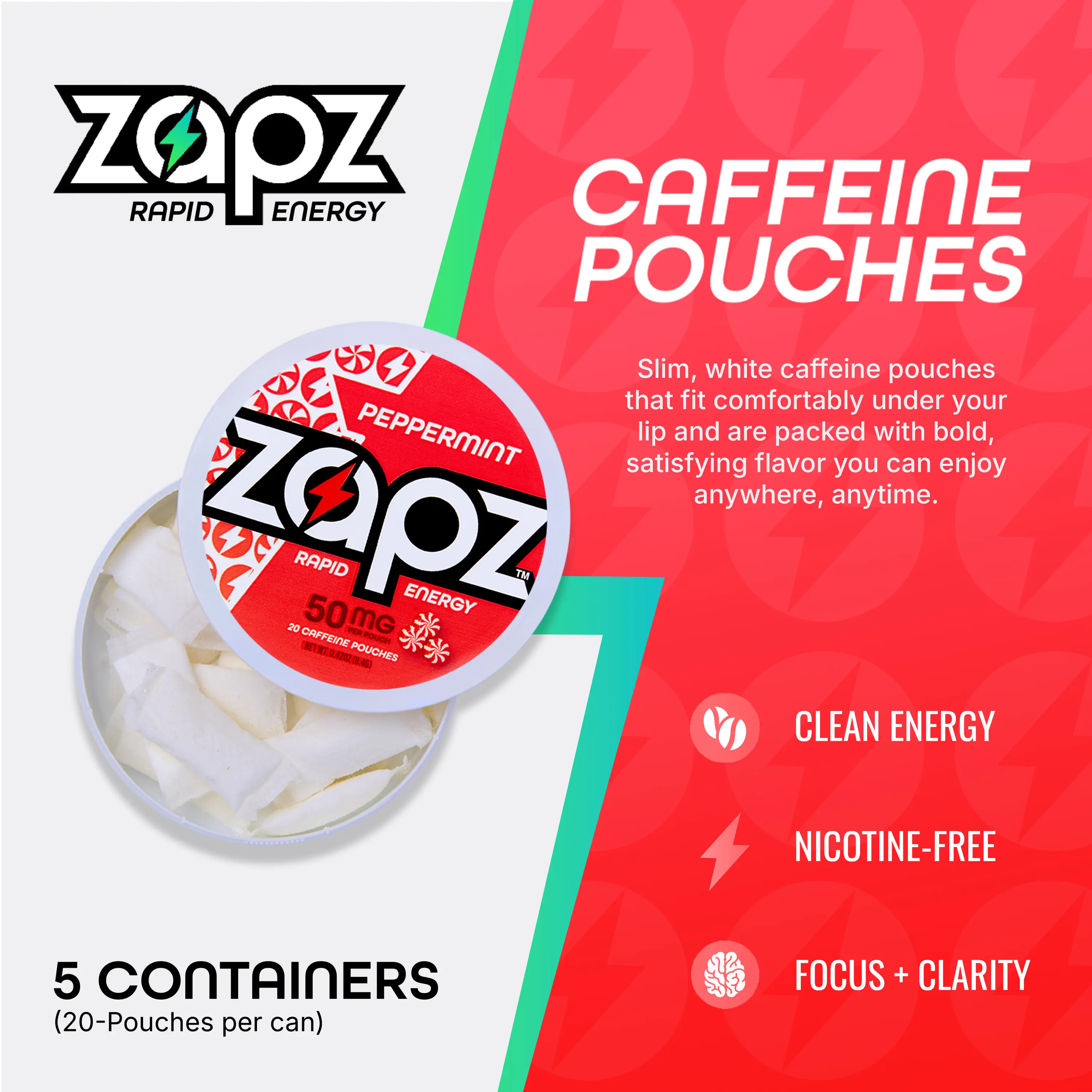 ZAPZ Caffeine Pouches, Peppermint, 5 Cans x 20 Count, Energy