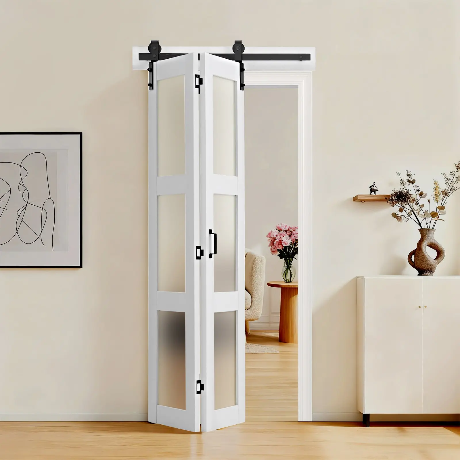 VEVOR MDF & Glass Bifold Barn Closet Door, 36x84 in, Pre-Assembled Panels with Quiet Glides, Hardware Kit Included, Reduce Space Consumption, White for Bedroom, Balcony