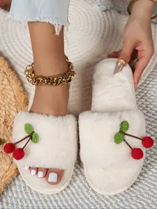 Women's Cartoon Cherry Pattern Plush Slippers, Cute Soft Comfortable Home Slippers, Warm Slippers for Indoor & Outdoor Use for Fall & Winter,Christmas Gifts For GF, Footwear