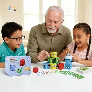 Suntomo Wooden Face Changing Magic Cube Building Blocks Game Matching Expression Puzzle Toy Board Games for Family Night, Match Puzzles Geometric Educational Toys for Kids and Adults
