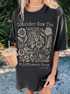 Women's Floral & Letter Print Round Neck Graphic Tee, Vintage Trendy Casual Streetwear Drop Shoulder Half Sleeve T-shirt For Daily Wear, Ladies Summer Outfit, Halloween