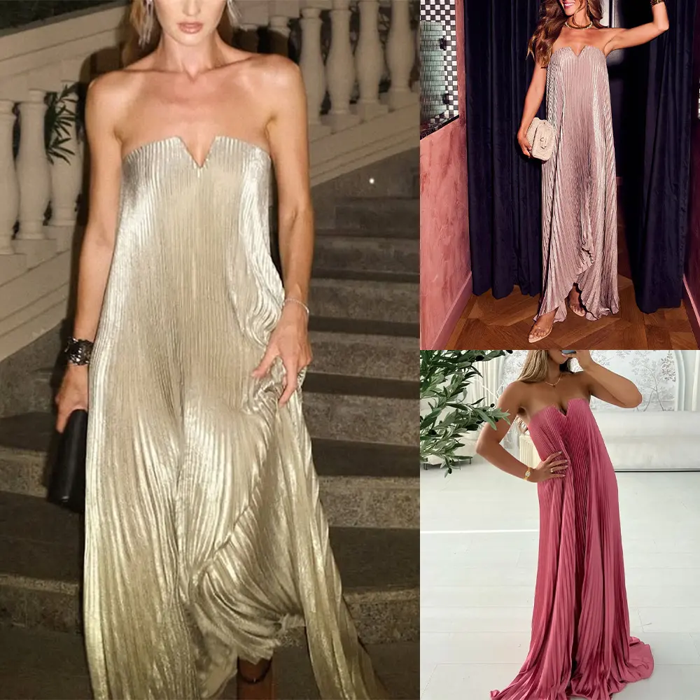 High-end custom dress in old money style, women's strapless pleated maxi dress, sexy dress, pleated skirt for women