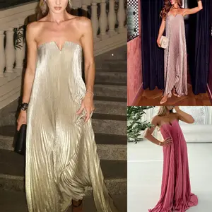 High-end custom dress in old money style, women's strapless pleated maxi dress, sexy dress, pleated skirt for women
