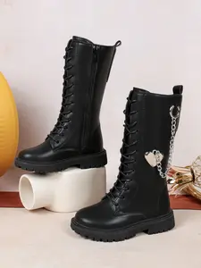 Fashion Children Love Heart Chain Boots, Waterproof Thick Sole, PU Leather, Above Ankle, All Seasons, Girls Daily Walking Boots