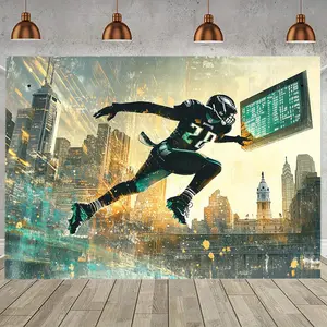Philadelphia Dusk Skyline Backdrop Banner - Vibrant Football Player Design, Polyester, Multi-Use Party Decor for Birthdays & Events, Photo Booth Prop, Seasonal Celebrations, Football Party Decorations Ornaments White