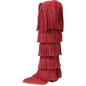 Women's Tan High Cowboy Boots with Fringe Western Bohemian Cowgirl Style Red Suede Fringe Design for Stylish Outfits