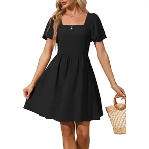 Sal-Fashion Women Puff Sleeve Square Neck Tie in Back Dresses with Zipper