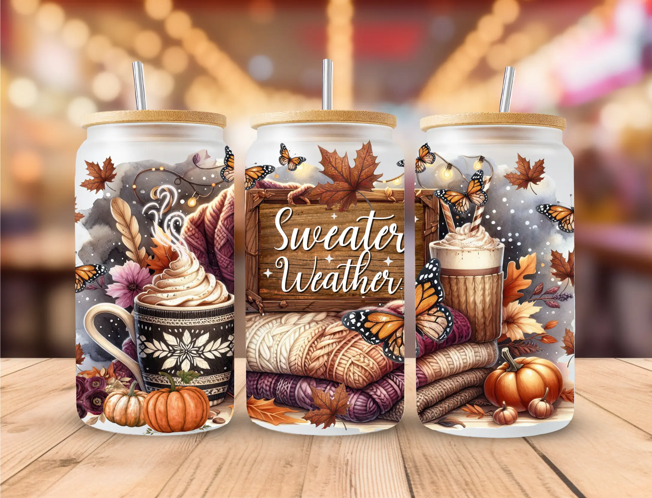 Fall Season 16oz Frosted Glass Can with Lid and Straw