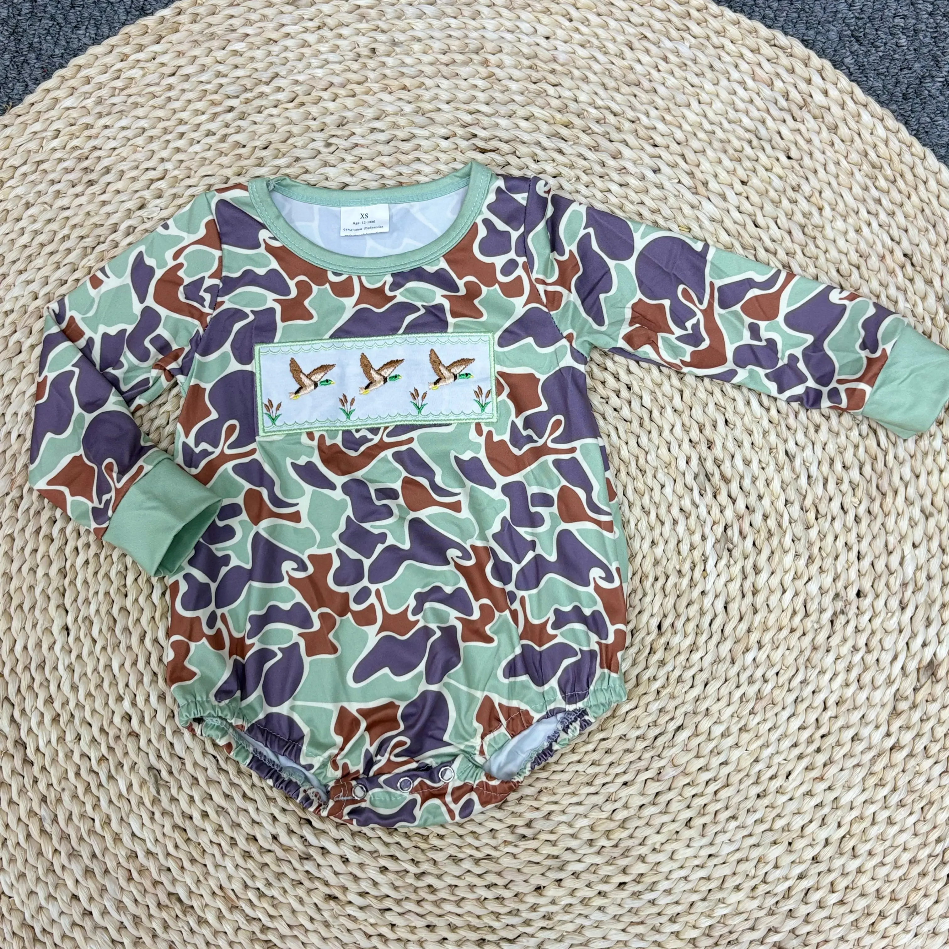 Baby Boys Fall Hunting Mallard Ducks Embroidery Camouflage Boutique Long Sleeve Bubble Rompers