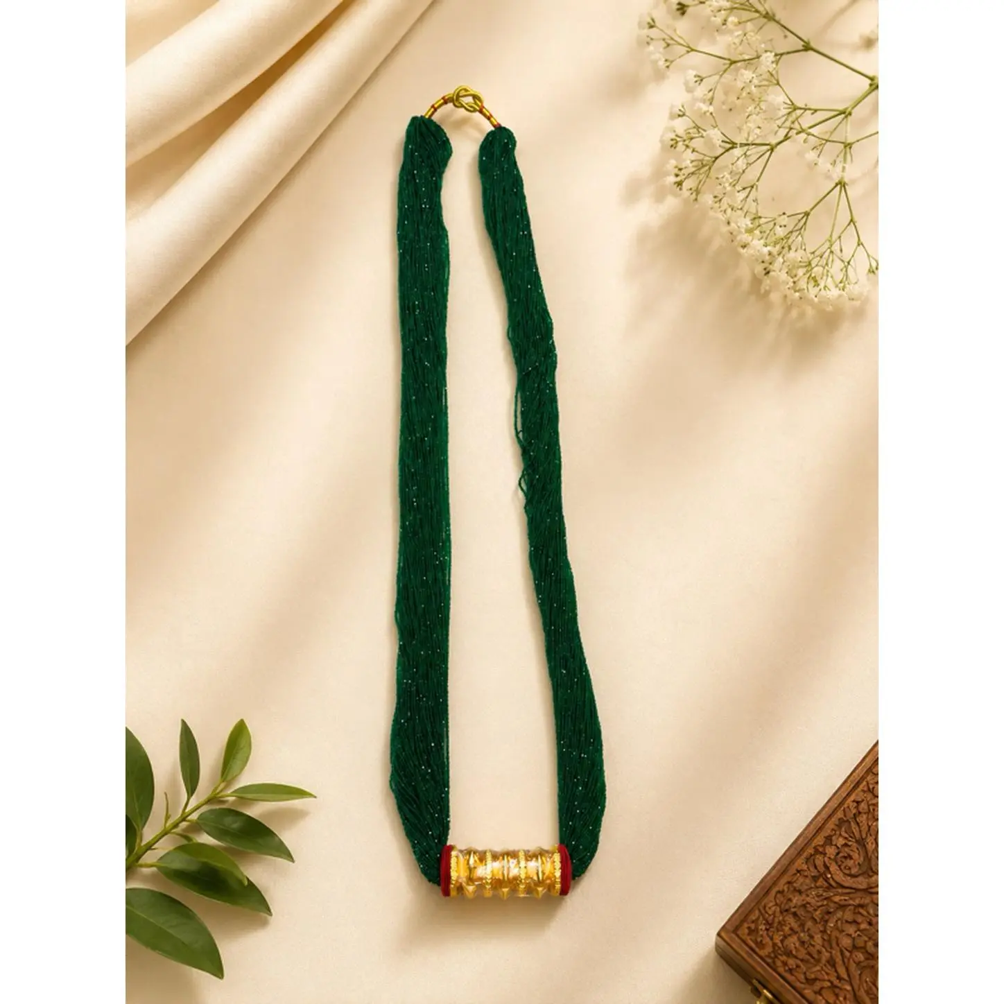 Green Chadke Tilhari with Hydro Pote & Golden Centerpiece Rich Green Beads for Elegant Wear