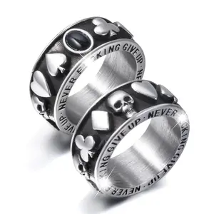 Vintage Gothic Skull Rings for Men Women Stainless Steel Black Onyx Poker Ring Band Silver Skeleton Cocktail Party Biker Ring Size 9