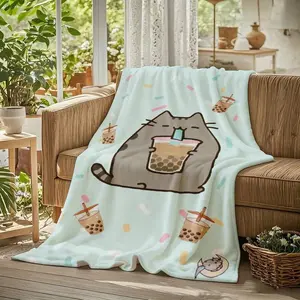 1pc Pusheens Cartoon Cat Plush Flannel Blanket - Soft All-Season Throw With Playful Cat & Heart Print, Multi-Use For Sofa, Bed, Office, Outdoor - Machine Washable, Perfect Gift For Friends & Family, Cute Blanket, Cozy Home-280gsm
