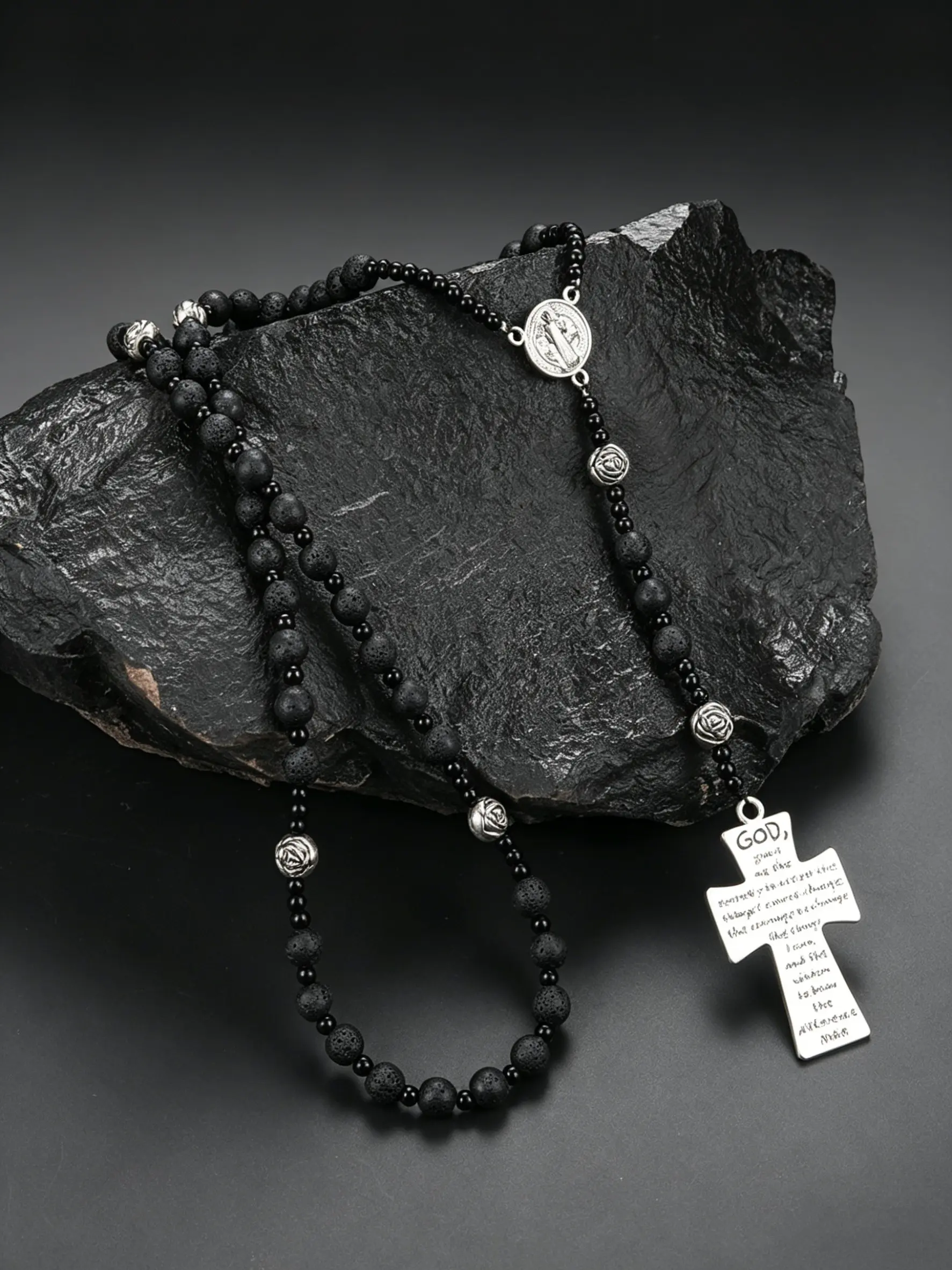 1pc Vintage Volcanic Rock Bead Rose Quartz Cross Pendant Necklace, Unisex Jewelry Gift, Elegant Accessory for Men and Women