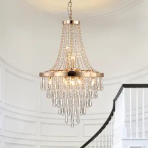 20" Modern Crystal Pendant Chandelier with Golden Finish – Elegant 6-Light Hanging Light Fixture Tiered Design for Dining Room, Living Room, or Entryway (No Bulbs)