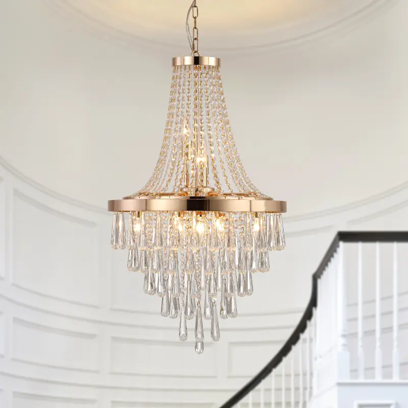 (Same as W1340102274/L5004) 20" Modern Crystal Pendant Chandelier with Golden Finish – Elegant 11-Light Hanging Light Fixture Tiered Design for Dining Room, Living Room, or Entryway (No Bulbs)