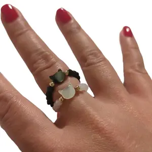 Cat Stretchy Bead Ring Shiny Gold Accent Black and White Cat Stretchy Bead Ring Shiny Gold Accent Black and White