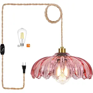 Pink Plug in Pendant Hanging Lights with Plug in Cord Boho Hanging Lamp Glass Gold Mid Century Modern Vintage Dimmable Flower Plug in Chandelier Ceiling Fixture for Living Room,Kitchen