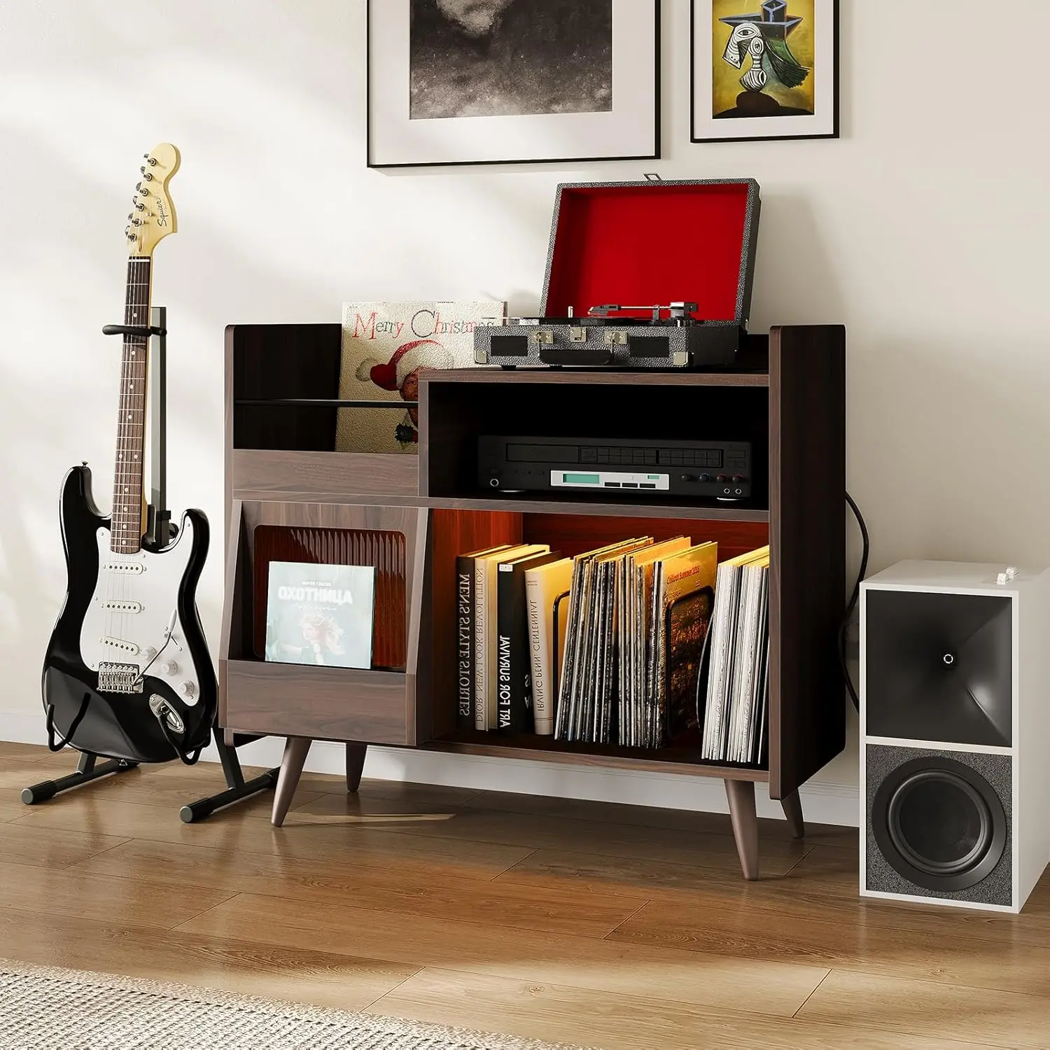 Large Record Player Stand with LED Light & Charging Station, Turntable Stand Holds Up to 350 Albums, Vinyl Storage Cabinet Record Player Table for Living Room