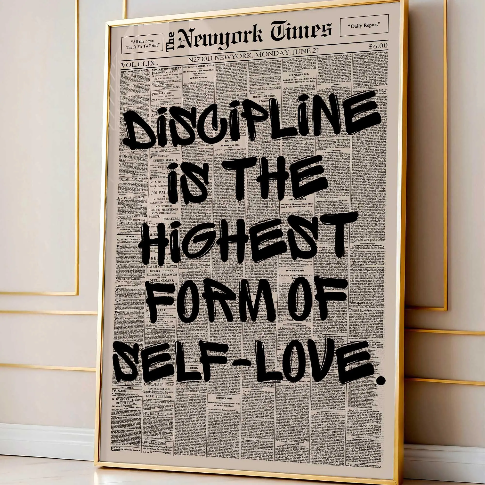 Discipline Is the Highest Form of Self Love Poster, Motivational Quote Wall Art, Newspaper Print, Mental Health Room Decor