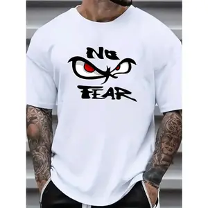 Men'S "NO FEAR" Graphic Print T-Shirt, 100% Cotton Casual Street Style Short Sleeve Crew Neck Tee, Bold Eye Design with Red Accents, Machine Washable, Everyday Comfort Top | Bold Graphic Tee | 100% Cotton Tee