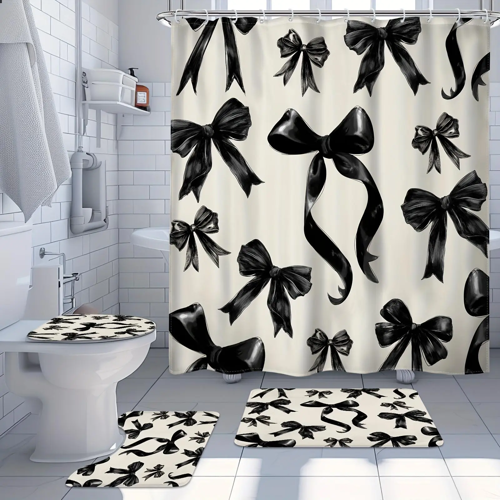1pc/4pcs Black Bow Shower Curtain Set, Bownot Fashion Sweet Cute Bathroom Sets Full Set, Pretty Bathroom Set with Shower Curtain and Rug, for Women Female Bathroom Decor and Accessories, Polyester Fabric Shower Curtain Bathroom Decor with 12 Hooks