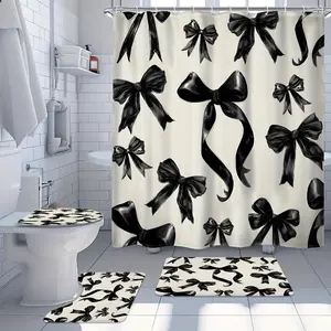 1pc/4pcs Black Bow Shower Curtain Set, Bownot Fashion Sweet Cute Bathroom Sets Full Set, Pretty Bathroom Set with Shower Curtain and Rug, for Women Female Bathroom Decor and Accessories, Polyester Fabric Shower Curtain Bathroom Decor with 12 Hooks