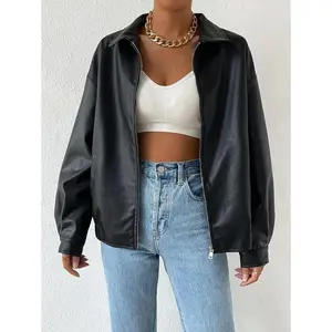 Drop Shoulder Zipper Short Leather Jacket Casual Long Sleeve