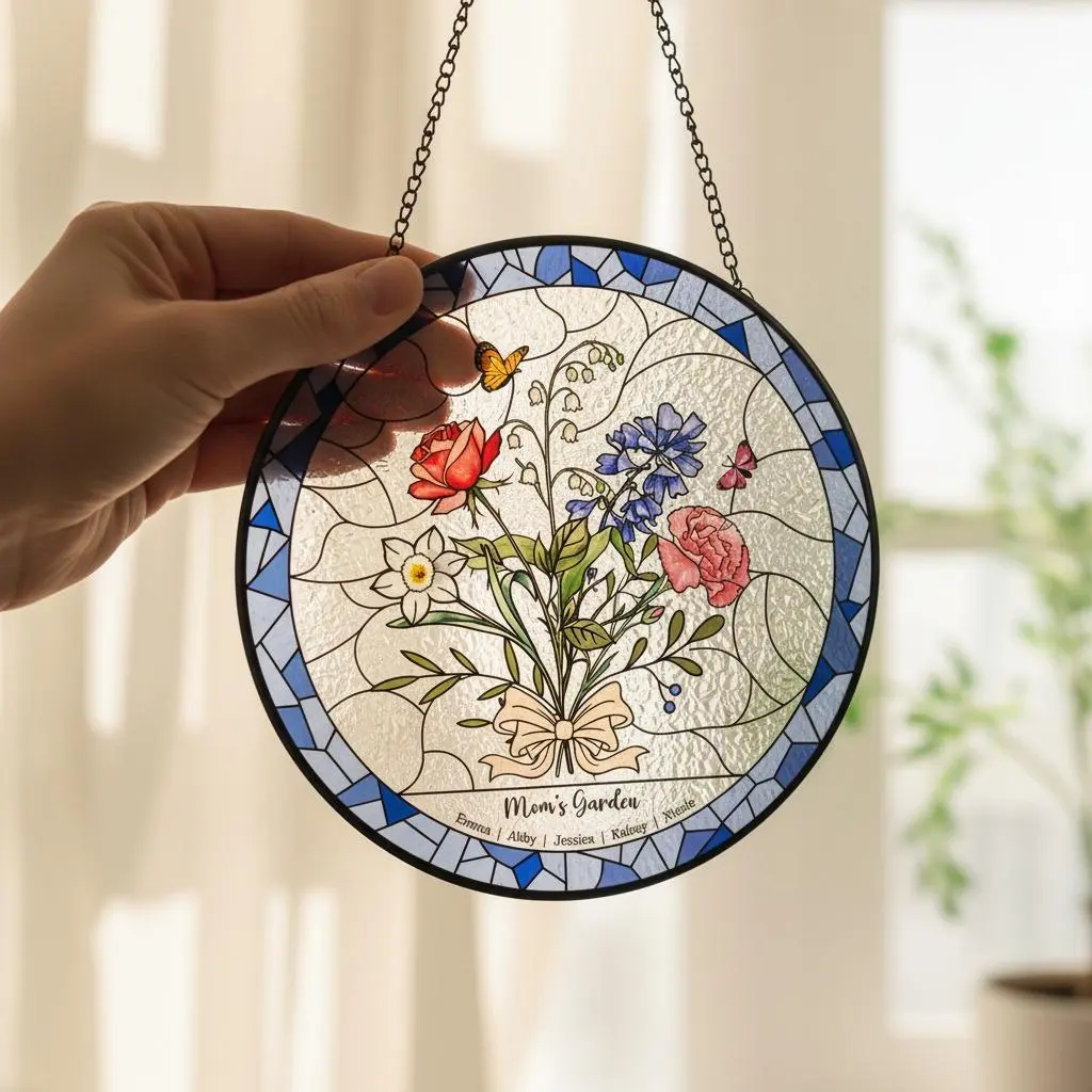 Gift-Ready Birth Flower Suncatcher with Magnetic Box, Personalized Stained Glass Window Hanging, Grandma's Garden Gift for Mom Grandma