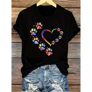 Women's Casual Black T-Shirt with Colorful Cat Paw & Heart Print, Short Sleeve Crew Neck Top, Machine Washable, Lightweight & Breathable for Spring & Summer
