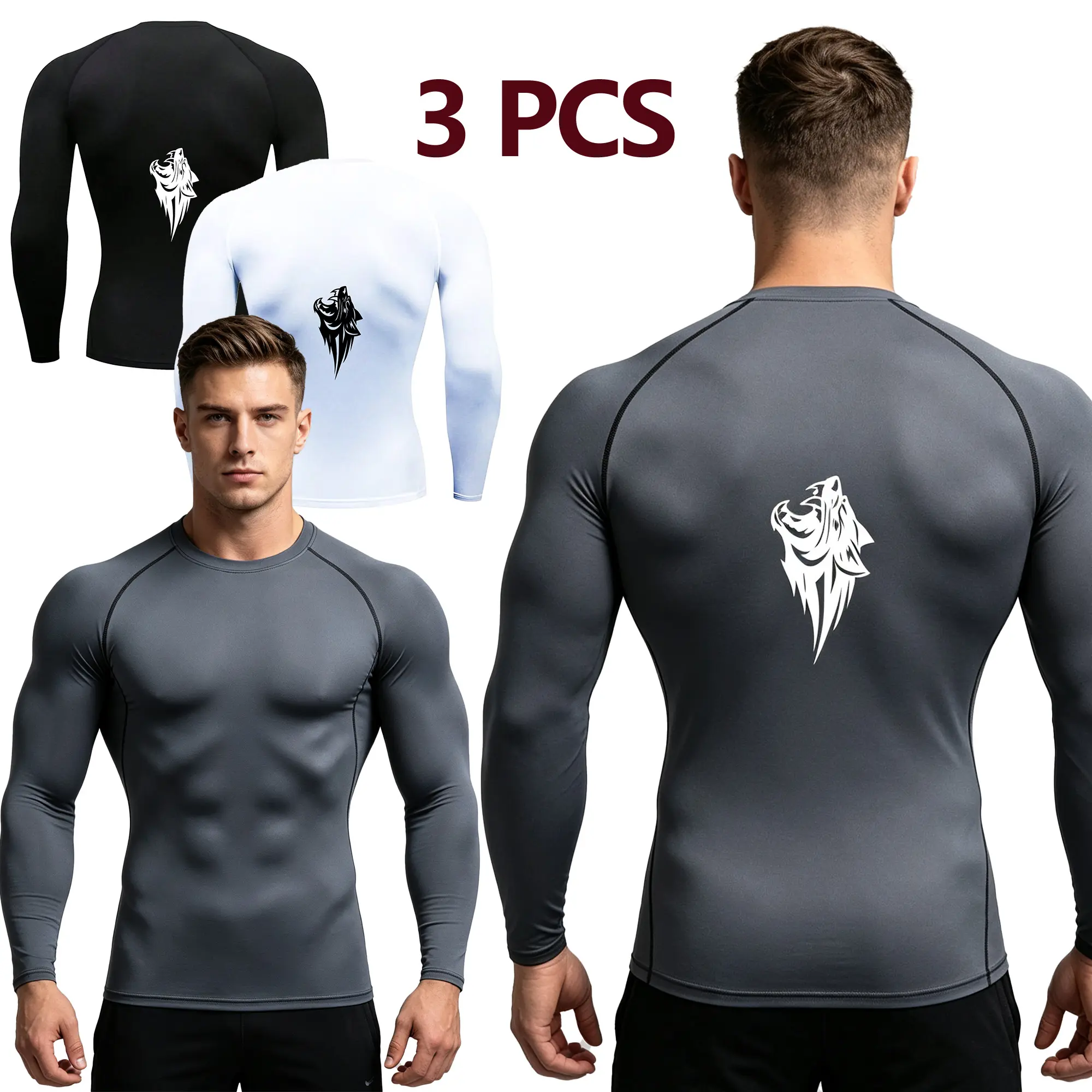 Men’s 3-Pack Long Sleeve Compression Shirts with Sharp Wolf Back Graphic, Quick-Dry Athletic Training Tops for Gym & Running. TikTok Made Me Buy It Streetwear Tshirt