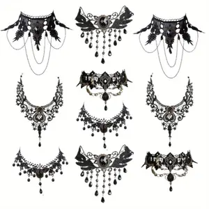 10 Pieces/Set Halloween Sexy Jewelry Women Lady Elegant Goth Gothic Steampunk Lace Choker Necklace Black Neck Chain Collar Statement with Pendant Victorian Wedding Party Cosplay