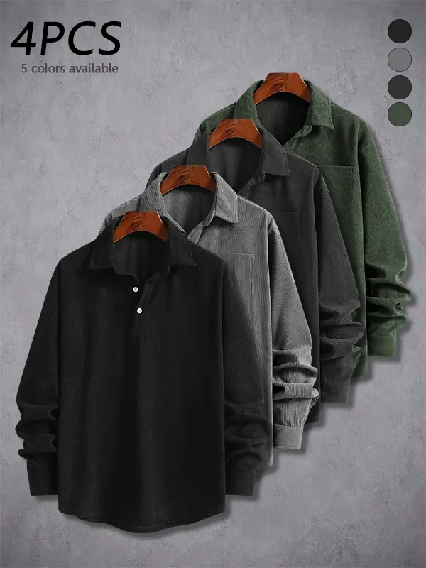 4-pack men’s loose-fit corduroy casual shirts, turn-down collar, half placket, long sleeves, pullover design with pockets, relaxed fit, everyday casual tops, skin-friendly soft fabric