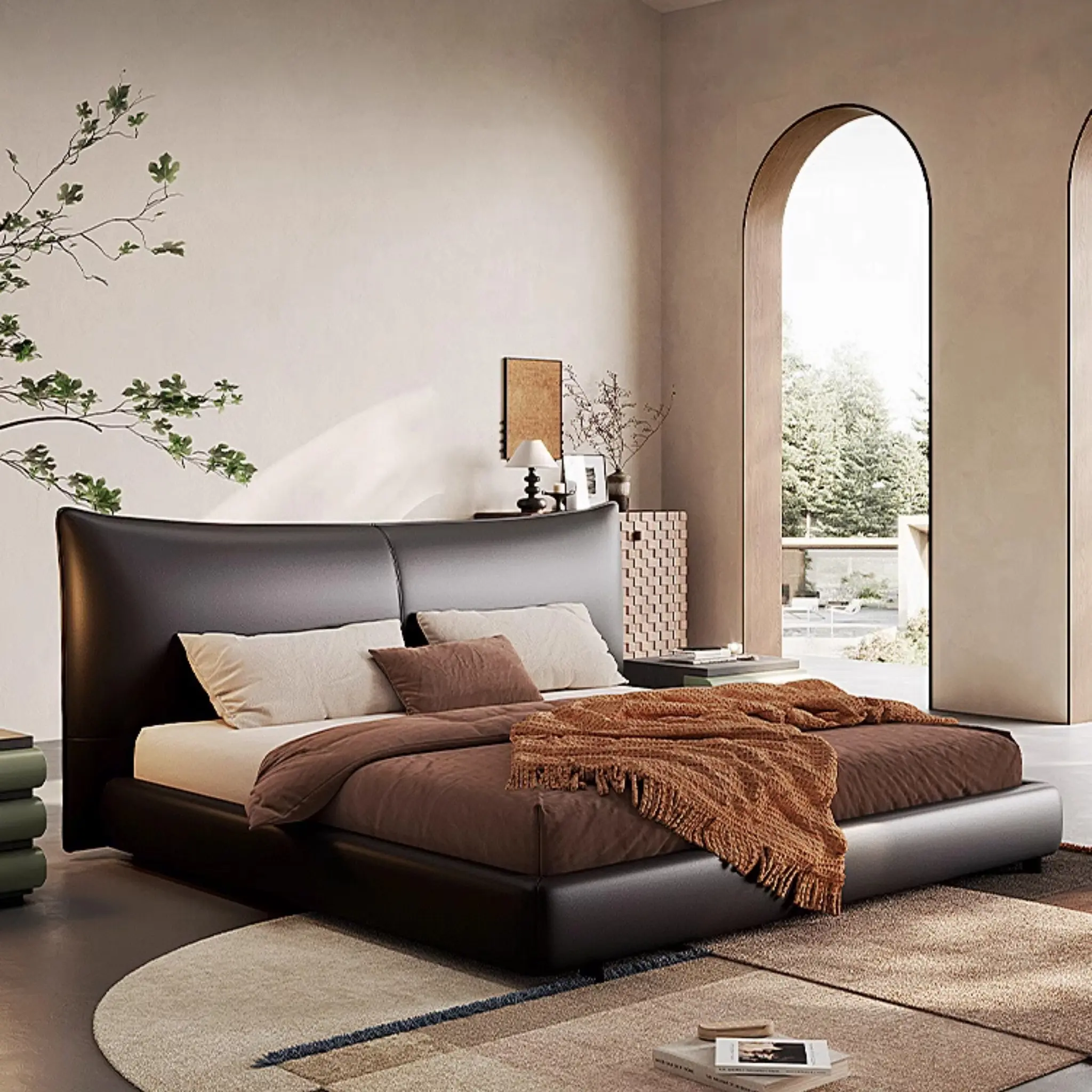 Modern Leather Platform Bed Frame with Comfortable Headboard